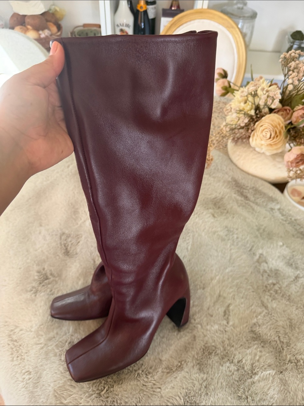 Zara Burgundy Knee-High Square-Toe Heeled Boots